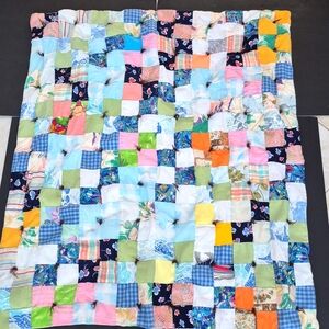 Vintage Handmade Patchwork Quilt Multicolor Shabby Cottage Granny 44"x38"